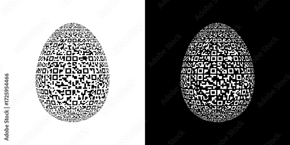 Poster Easter egg with abstract patterns consisting of QR codes, image on the theme of Easter, isolated vector image, two design options on a transparent and black background