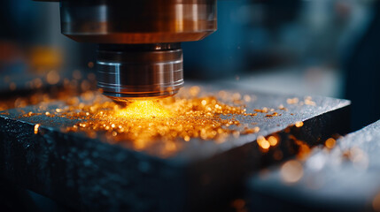 A CNC lathe performs a turning operation on metal hyper realistic metal shavings with vivid details moody shadows on the machine bright saturation in machining sparks CNC