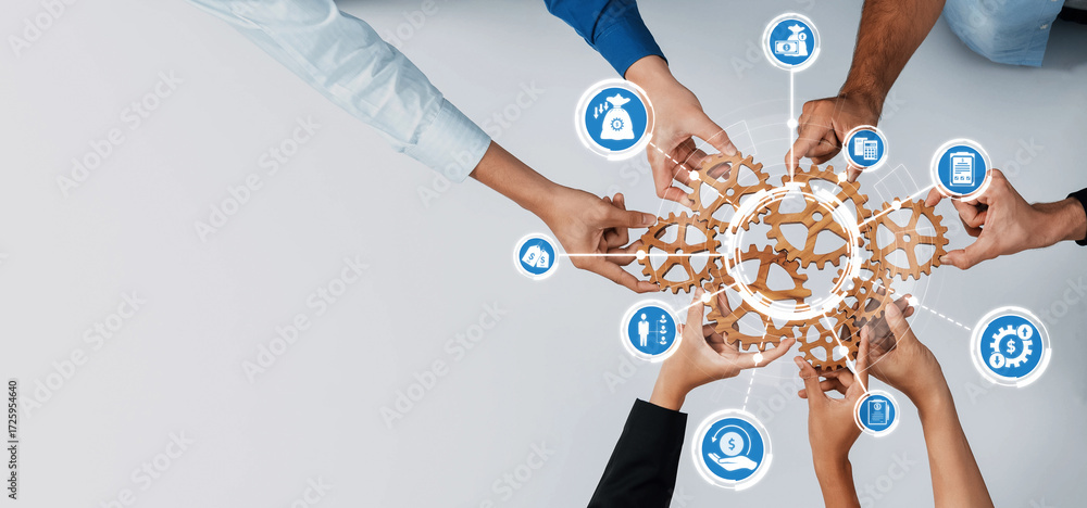Poster diverse hands collaborate around gear symbols, representing teamwork and innovative strategies in a 