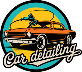 Vintage car detailing logo with a classic orange muscle car and polishing tool, set against a vibrant circular backdrop, designed for premium auto care businesses