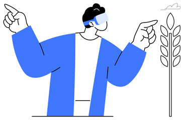 Man in VR headset making dynamic hand gestures, symbolizing innovation, technology, and interaction. Ideal for technology, VR, futurism, growth insight agriculture digital progress. Simple flat