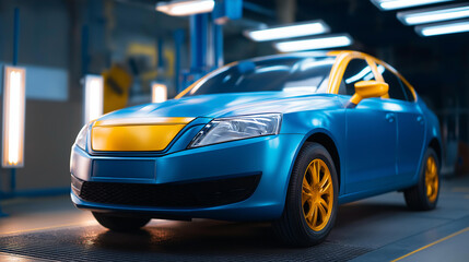A car undergoes painting in an auto repair chamber hyper realistic paint sprayer with vivid details moody shadows on the vehicle bright saturation in paint colors car painting