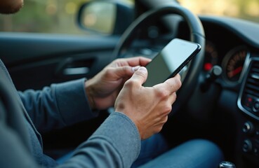 Mature man holds smartphone inside car. Close-up on hands using touch screen for navigation communication. Modern technology connection, digital interface. Driving with device, convenience for