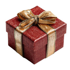 Wrapped Christmas gift box with shiny red paper and golden ribbon isolated on transparent background for festive holiday design