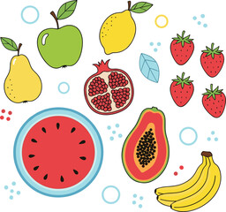 Hand-drawn set of various fruits, including watermelon, papaya, banana, apple, strawberries, lemon, and pear, isolated on a white background