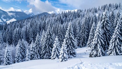 Snow-Covered Coniferous Forest in Mountainous Landscape