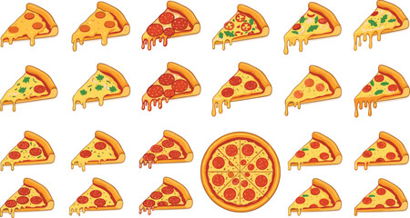 Pizza and pizza slices with dripping melted cheese set, featuring various toppings like pepperoni and mushrooms, a fun food vector illustration