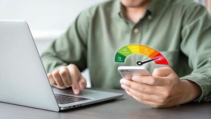Man uses laptop while holding smartphone with performance indicator gauge on the screen overlayed image - Powered by Adobe