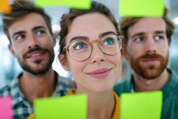 Team of diverse professionals brainstorming ideas with colorful sticky notes in a modern office, showcasing collaboration and creativity in a tech startup environment