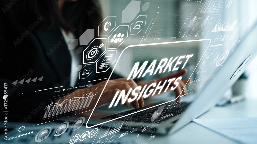 Poster business professional analyzing digital market insights on laptop with futuristic graphics and data 