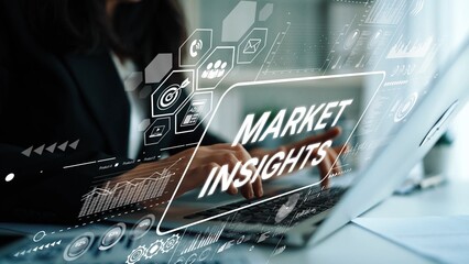 Business professional analyzing digital market insights on laptop with futuristic graphics and data visualization overlay. Asymptotic smart data analytic.