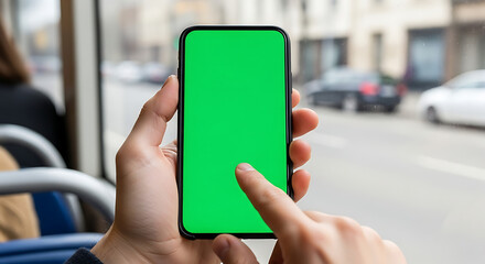 Close up of a person holding and touching a modern smartphone with a green screen for mockup, sitting on a city bus during the day