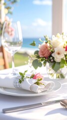 Elegant outdoor dining setting with flowers and ocean view