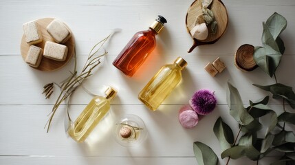Essential oils and flowers arranged on white wooden table