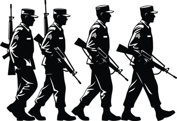 Military soldiers in uniform with rifles marching in a line black silhouette, armed forces vector illustration graphic resources