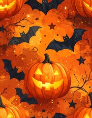 Halloween pattern with pumpkins and bats