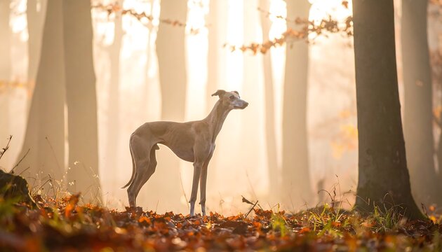 Dog in autumn forest at sunrise - Powered by Adobe