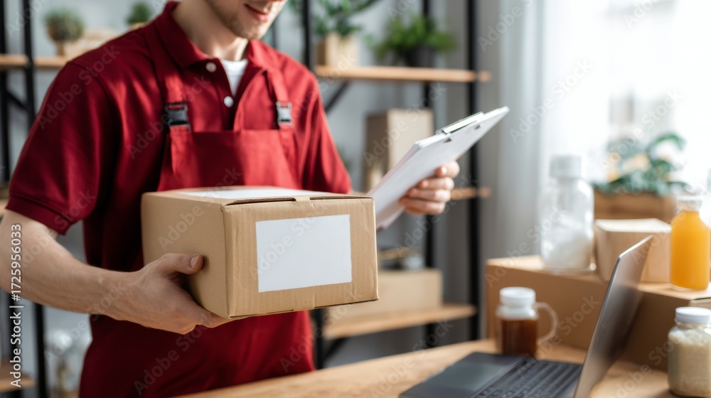 Aufkleber courier holding cardboard boxes with background of computer representing delivery ecommerce logistic