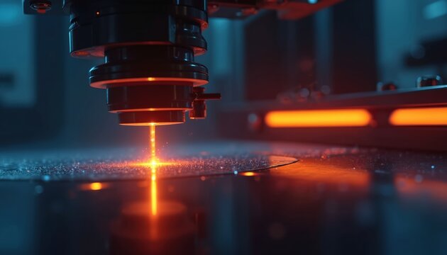 Close-up of laser beam precisely cutting transparent material. High-tech device emits intense orange light, advanced technology, engineering, manufacturing processes. Sparks fly around cutting point.