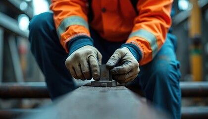Oil rig worker in orange safety jacket, gloves performs precise manual task with metal tool. Focused worker engages in skilled labor on industrial site, showing precision engineering, heavy equipment