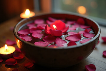 A dark wooden bowl filled with water, floating red rose petals, and a small, red, lit candle at the center, surrounded by two small tea-light candles.