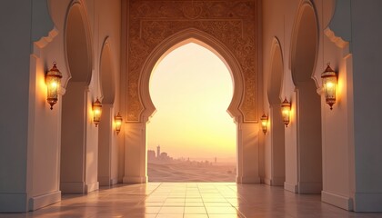 Ornate archway frames desert sunset cityscape. Intricate Arabic design on brass metal archway, Moroccan style lamps. Sand dunes and distant city skyline bathed in golden light.