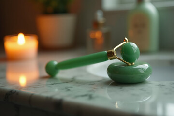 Agreen jade face roller with a gold accent resting on the edge of a white marble bathroom counter, with a glowing candle in the soft background.