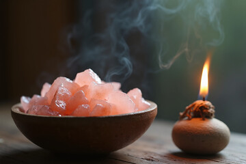 Close-up of large pink himalayan salt crystals in a rustic bowl next to a small burning candle, with wisps of smoke rising and a dark, moody background.