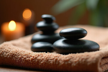 Close-up of smooth, dark, polished basalt massage stones stacked on a folded, textured tan towel, softly illuminated by a blurred background candle.
