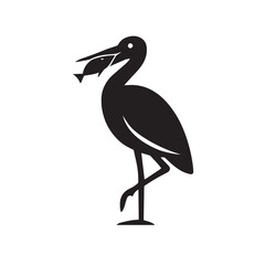 vector illustration of a stork with a little fish on throat.