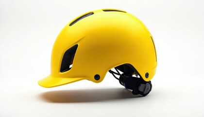 Bright yellow sports helmet offers excellent head protection during cycling, skating, or other active pursuits. Features lightweight design, adjustable fit, modern ventilation for comfort, safety.