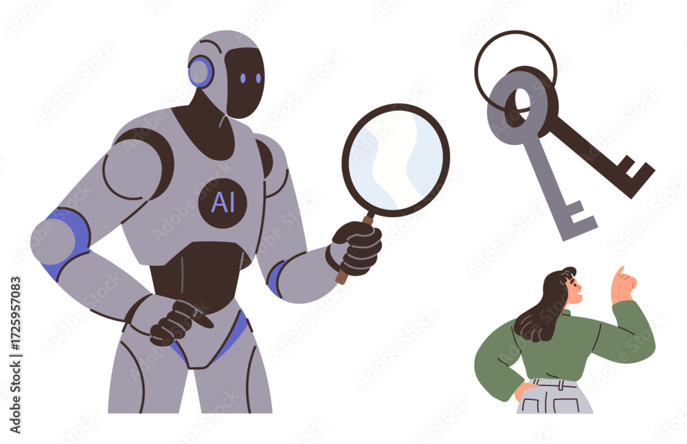 Aufkleber ai robot holds magnifying glass examining a key, woman pondering symbolizing problem-solving, discov