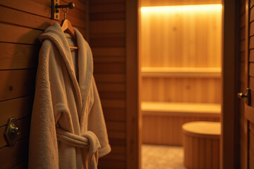 A plush white bathrobe hanging on a hook on a wood-paneled wall, with the glowing, empty interior of a sauna visible in the doorway.