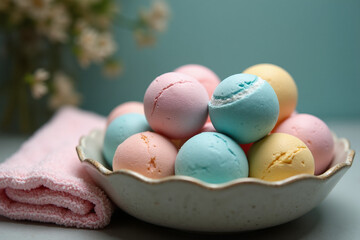 A scalloped white bowl overflowing with colorful bath bombs in pastel shades of pink, yellow, and blue, next to a folded pink towel.