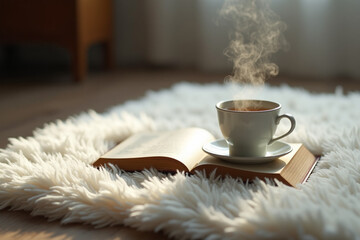 A steaming cup of tea resting on an open book, all placed on a plush, shaggy, white area rug on a wooden floor.