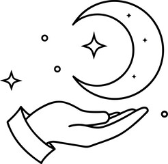 Hand holding glowing crescent moon illustration on transparent background