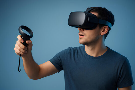 Young man using VR headset and controller, exploring immersive virtual reality technology with focus and excitement on blue background