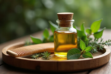 A small corked bottle of hair or body oil with a wooden comb and fragrant herbal sprigs on a round wooden serving tray.