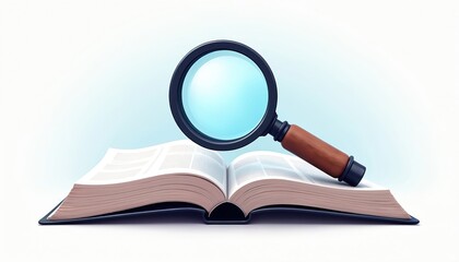 Open book with magnifying glass signifies research, education, learning. Graphic image represents study, cognition, pursuit of knowledge. Pages filled with information invite exploration,