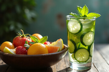 A glass of cucumber and mint infused water next to a wooden bowl filled with various fresh fruits like strawberries, oranges, and grapefruit in bright sunlight.