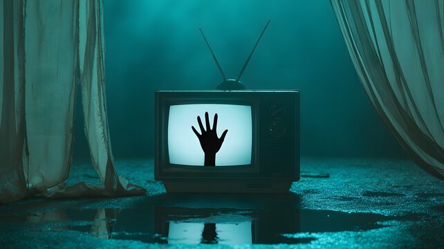 A haunting scene with a vintage TV displaying a ghostly hand, surrounded by dim lighting and eerie curtains.