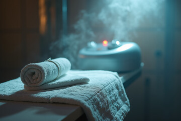 A rolled and folded white towel on a treatment table with steam rising from a facial or essential oil steamer machine in the moody background.