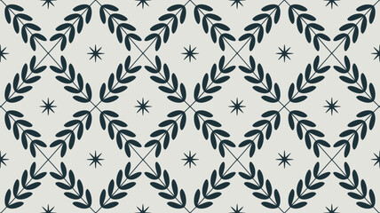 Obraz premium A seamless pattern with dark green leaves and stars on a light background in a diamond arrangement