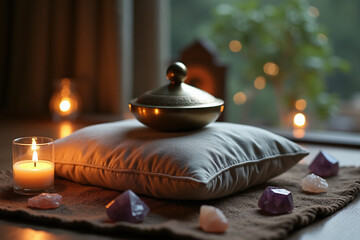 A brass singing bowl and lid resting on a cushion, surrounded by lit candles and polished amethyst and quartz crystals on a mat.
