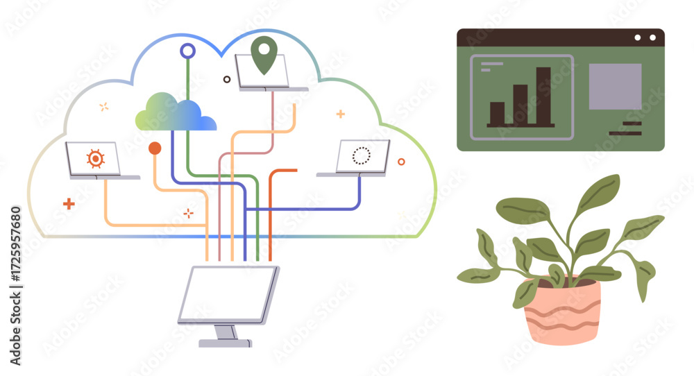 Aufkleber cloud with multiple devices interconnected via colorful lines, data dashboard displaying analytics, 