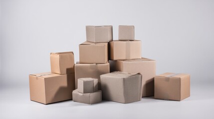 Stacked cardboard boxes on neutral background representing packaging logistics delivery ecommerce and commerce concept