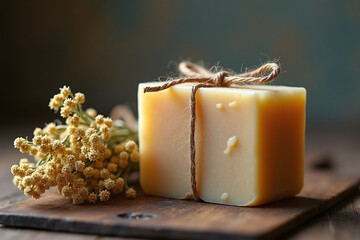 A natural, handmade bar of soap tied with twine, next to a sprig of dried yellow flowers on a wooden cutting board.