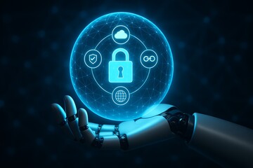 Cybersecurity and Data Protection Concept with Robotic Hand Holding Digital Lock Hologram