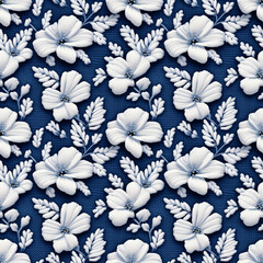 Detailed knitted blue jacquard pattern with white flowers
