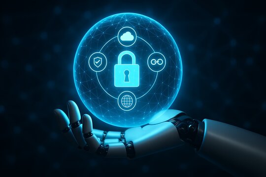 Cybersecurity and Data Protection Concept with Robotic Hand Holding Digital Lock Hologram
